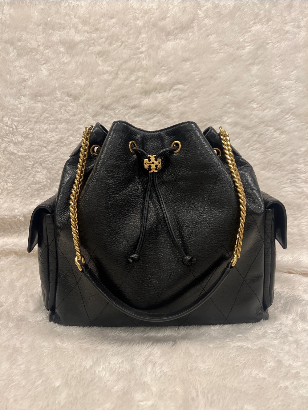 Tory Burch Black Large Leather Quilted Drawstring Bucket Bag